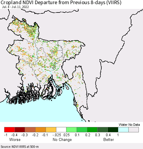 Bangladesh Cropland NDVI Departure from Previous 8-days (VIIRS) Thematic Map For 7/4/2022 - 7/11/2022