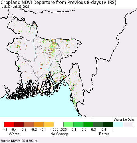 Bangladesh Cropland NDVI Departure from Previous 8-days (VIIRS) Thematic Map For 7/20/2022 - 7/27/2022