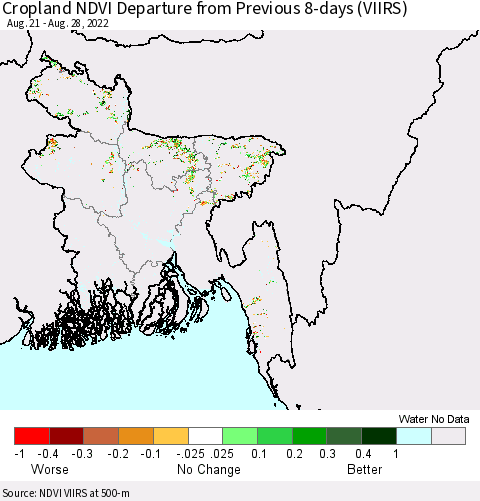 Bangladesh Cropland NDVI Departure from Previous 8-days (VIIRS) Thematic Map For 8/21/2022 - 8/28/2022
