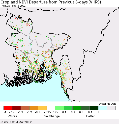 Bangladesh Cropland NDVI Departure from Previous 8-days (VIIRS) Thematic Map For 8/29/2022 - 9/5/2022