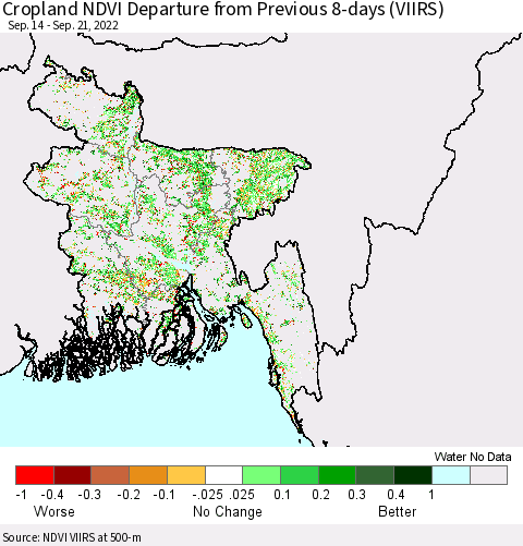 Bangladesh Cropland NDVI Departure from Previous 8-days (VIIRS) Thematic Map For 9/14/2022 - 9/21/2022