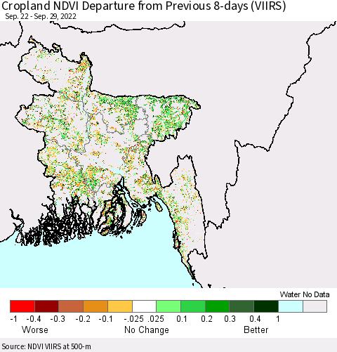 Bangladesh Cropland NDVI Departure from Previous 8-days (VIIRS) Thematic Map For 9/22/2022 - 9/29/2022