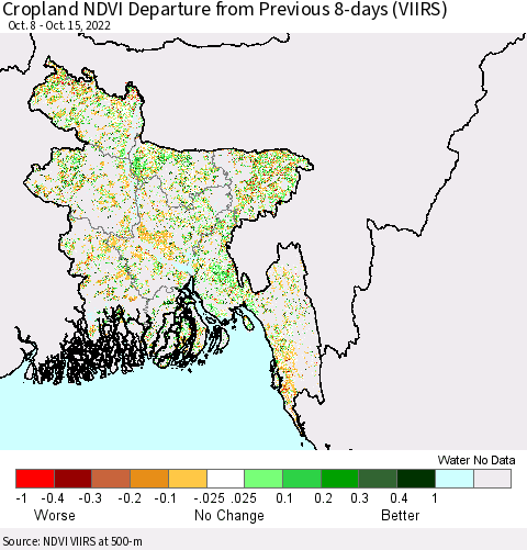 Bangladesh Cropland NDVI Departure from Previous 8-days (VIIRS) Thematic Map For 10/8/2022 - 10/15/2022