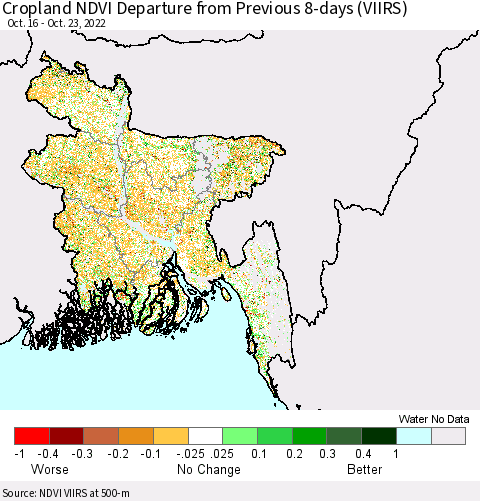 Bangladesh Cropland NDVI Departure from Previous 8-days (VIIRS) Thematic Map For 10/16/2022 - 10/23/2022
