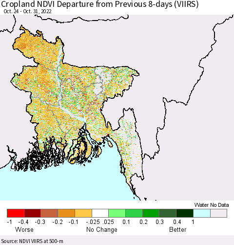 Bangladesh Cropland NDVI Departure from Previous 8-days (VIIRS) Thematic Map For 10/24/2022 - 10/31/2022