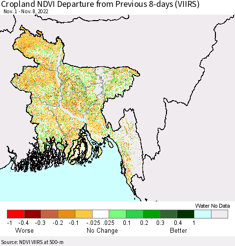 Bangladesh Cropland NDVI Departure from Previous 8-days (VIIRS) Thematic Map For 11/1/2022 - 11/8/2022