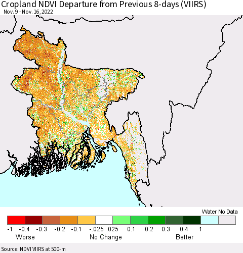 Bangladesh Cropland NDVI Departure from Previous 8-days (VIIRS) Thematic Map For 11/9/2022 - 11/16/2022