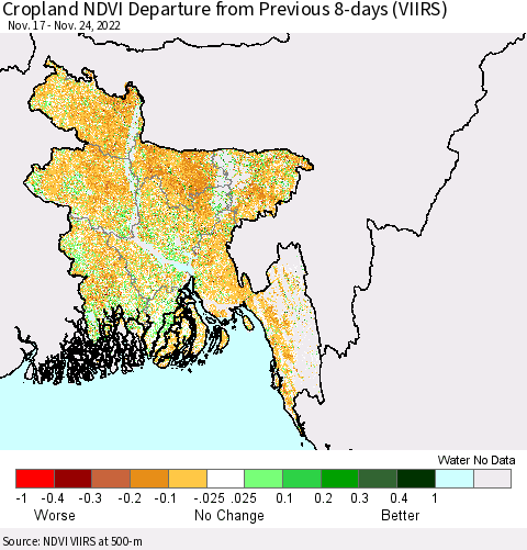 Bangladesh Cropland NDVI Departure from Previous 8-days (VIIRS) Thematic Map For 11/17/2022 - 11/24/2022