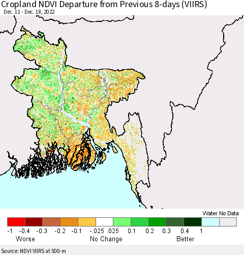 Bangladesh Cropland NDVI Departure from Previous 8-days (VIIRS) Thematic Map For 12/11/2022 - 12/18/2022
