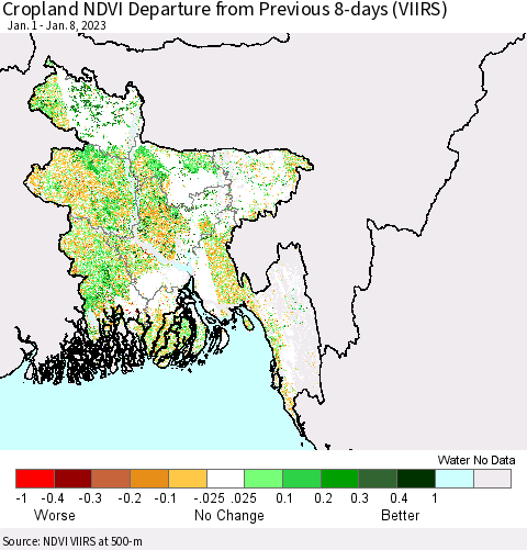 Bangladesh Cropland NDVI Departure from Previous 8-days (VIIRS) Thematic Map For 1/1/2023 - 1/8/2023