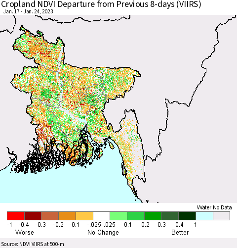 Bangladesh Cropland NDVI Departure from Previous 8-days (VIIRS) Thematic Map For 1/17/2023 - 1/24/2023