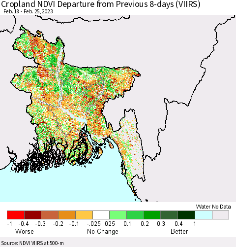 Bangladesh Cropland NDVI Departure from Previous 8-days (VIIRS) Thematic Map For 2/18/2023 - 2/25/2023