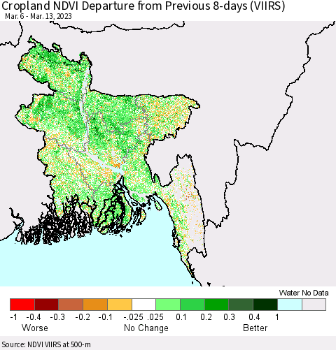 Bangladesh Cropland NDVI Departure from Previous 8-days (VIIRS) Thematic Map For 3/6/2023 - 3/13/2023