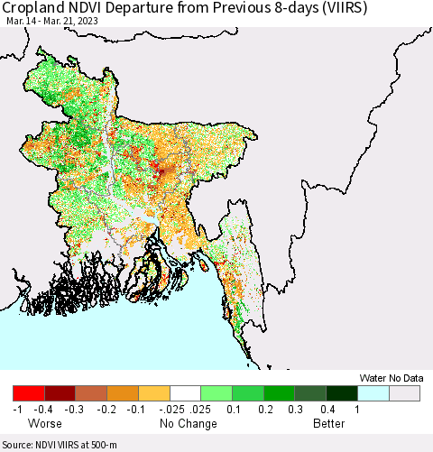 Bangladesh Cropland NDVI Departure from Previous 8-days (VIIRS) Thematic Map For 3/14/2023 - 3/21/2023