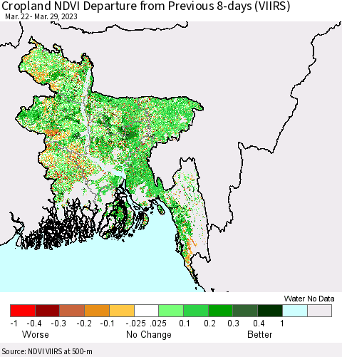 Bangladesh Cropland NDVI Departure from Previous 8-days (VIIRS) Thematic Map For 3/22/2023 - 3/29/2023