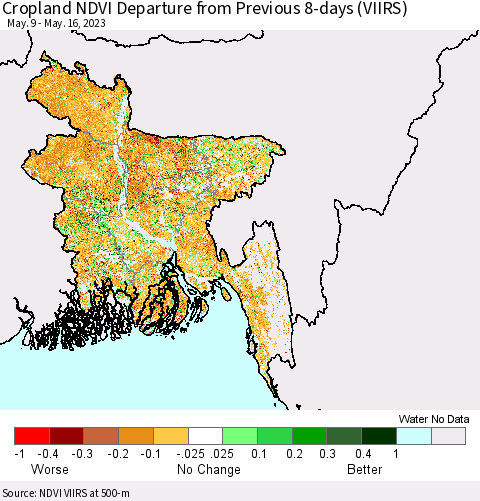 Bangladesh Cropland NDVI Departure from Previous 8-days (VIIRS) Thematic Map For 5/9/2023 - 5/16/2023