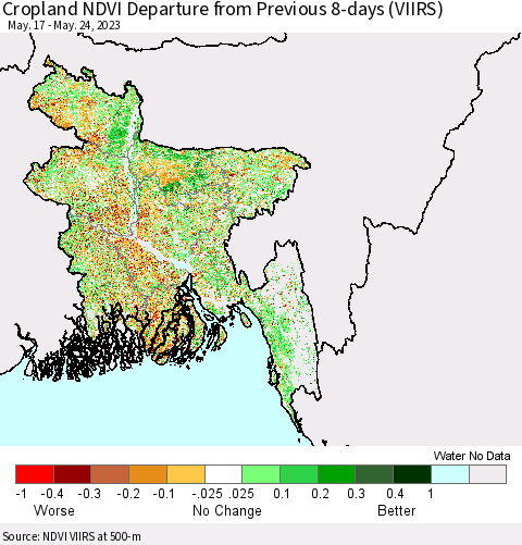 Bangladesh Cropland NDVI Departure from Previous 8-days (VIIRS) Thematic Map For 5/17/2023 - 5/24/2023