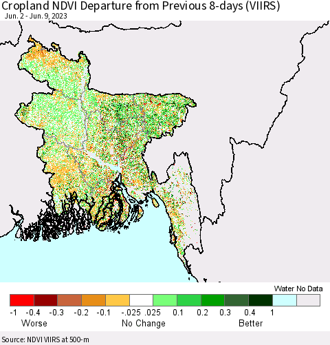 Bangladesh Cropland NDVI Departure from Previous 8-days (VIIRS) Thematic Map For 6/2/2023 - 6/9/2023
