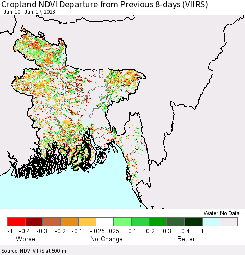 Bangladesh Cropland NDVI Departure from Previous 8-days (VIIRS) Thematic Map For 6/10/2023 - 6/17/2023
