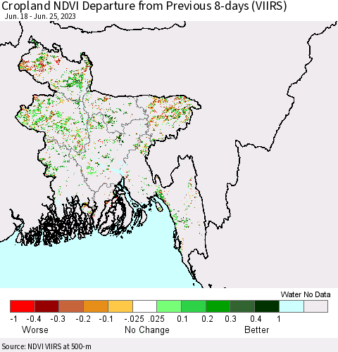 Bangladesh Cropland NDVI Departure from Previous 8-days (VIIRS) Thematic Map For 6/18/2023 - 6/25/2023