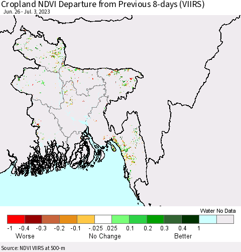 Bangladesh Cropland NDVI Departure from Previous 8-days (VIIRS) Thematic Map For 6/26/2023 - 7/3/2023