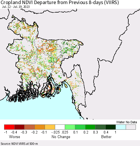 Bangladesh Cropland NDVI Departure from Previous 8-days (VIIRS) Thematic Map For 7/12/2023 - 7/19/2023