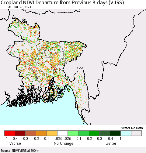 Bangladesh Cropland NDVI Departure from Previous 8-days (VIIRS) Thematic Map For 7/20/2023 - 7/27/2023