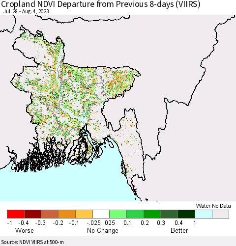 Bangladesh Cropland NDVI Departure from Previous 8-days (VIIRS) Thematic Map For 7/28/2023 - 8/4/2023