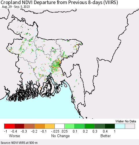 Bangladesh Cropland NDVI Departure from Previous 8-days (VIIRS) Thematic Map For 8/29/2023 - 9/5/2023