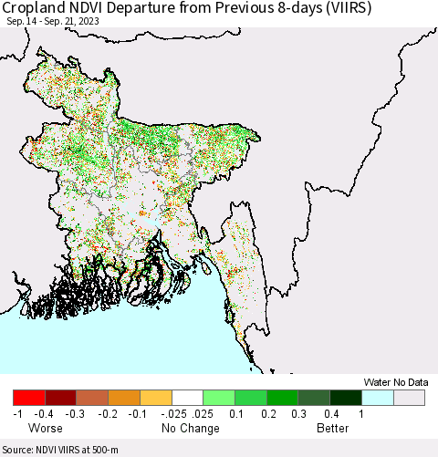 Bangladesh Cropland NDVI Departure from Previous 8-days (VIIRS) Thematic Map For 9/14/2023 - 9/21/2023