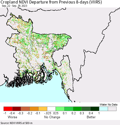 Bangladesh Cropland NDVI Departure from Previous 8-days (VIIRS) Thematic Map For 9/22/2023 - 9/29/2023
