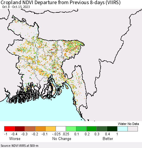 Bangladesh Cropland NDVI Departure from Previous 8-days (VIIRS) Thematic Map For 10/8/2023 - 10/15/2023