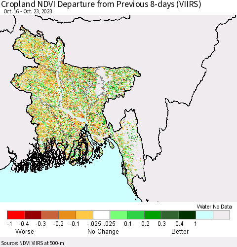 Bangladesh Cropland NDVI Departure from Previous 8-days (VIIRS) Thematic Map For 10/16/2023 - 10/23/2023