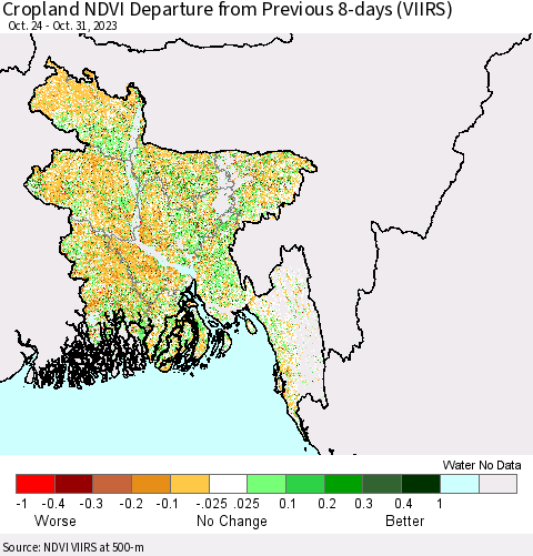 Bangladesh Cropland NDVI Departure from Previous 8-days (VIIRS) Thematic Map For 10/24/2023 - 10/31/2023