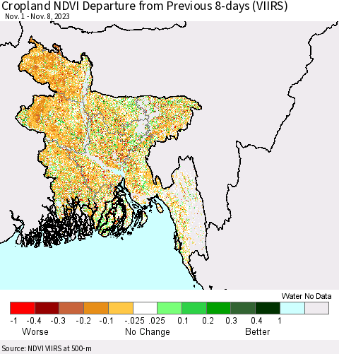 Bangladesh Cropland NDVI Departure from Previous 8-days (VIIRS) Thematic Map For 11/1/2023 - 11/8/2023