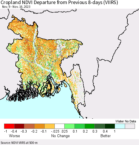 Bangladesh Cropland NDVI Departure from Previous 8-days (VIIRS) Thematic Map For 11/9/2023 - 11/16/2023