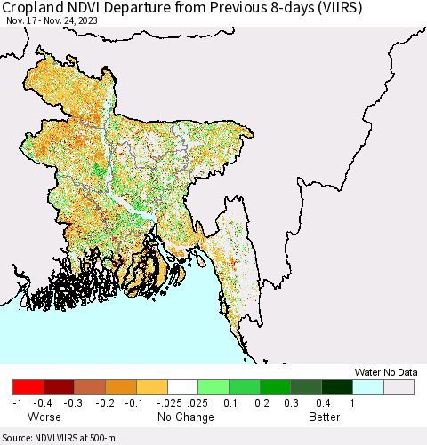 Bangladesh Cropland NDVI Departure from Previous 8-days (VIIRS) Thematic Map For 11/17/2023 - 11/24/2023