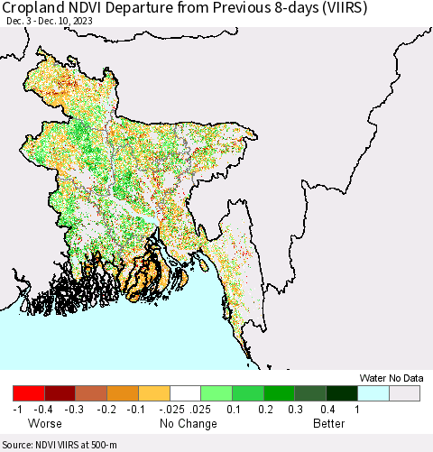 Bangladesh Cropland NDVI Departure from Previous 8-days (VIIRS) Thematic Map For 12/3/2023 - 12/10/2023