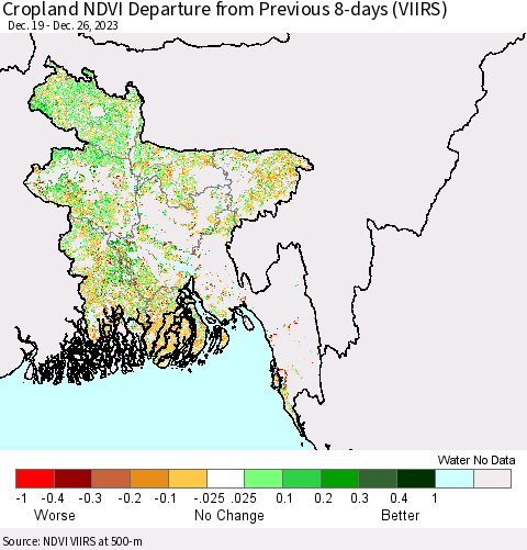 Bangladesh Cropland NDVI Departure from Previous 8-days (VIIRS) Thematic Map For 12/19/2023 - 12/26/2023