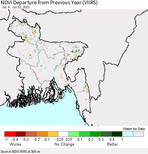 Bangladesh NDVI Departure from Previous Year (VIIRS) Thematic Map For 7/4/2021 - 7/11/2021