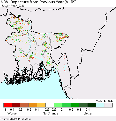 Bangladesh NDVI Departure from Previous Year (VIIRS) Thematic Map For 7/28/2021 - 8/4/2021