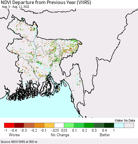 Bangladesh NDVI Departure from Previous Year (VIIRS) Thematic Map For 8/5/2021 - 8/12/2021