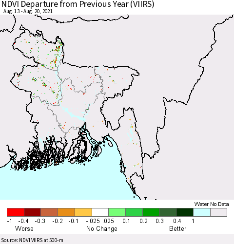 Bangladesh NDVI Departure from Previous Year (VIIRS) Thematic Map For 8/13/2021 - 8/20/2021