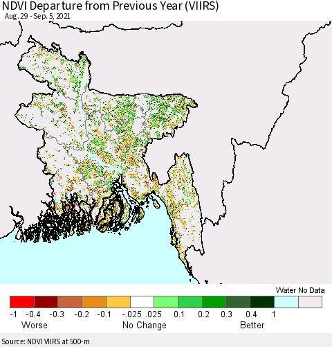 Bangladesh NDVI Departure from Previous Year (VIIRS) Thematic Map For 8/29/2021 - 9/5/2021