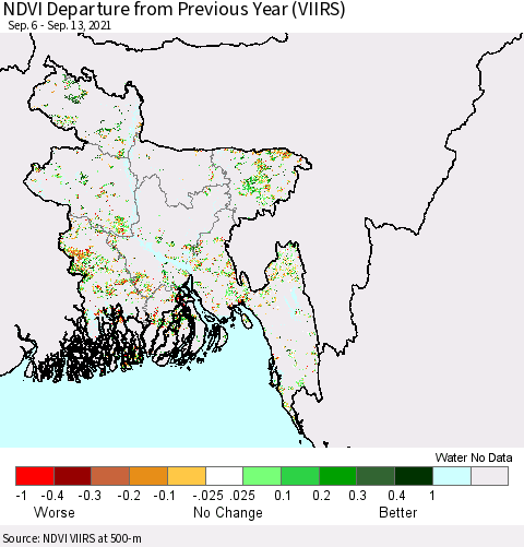 Bangladesh NDVI Departure from Previous Year (VIIRS) Thematic Map For 9/6/2021 - 9/13/2021