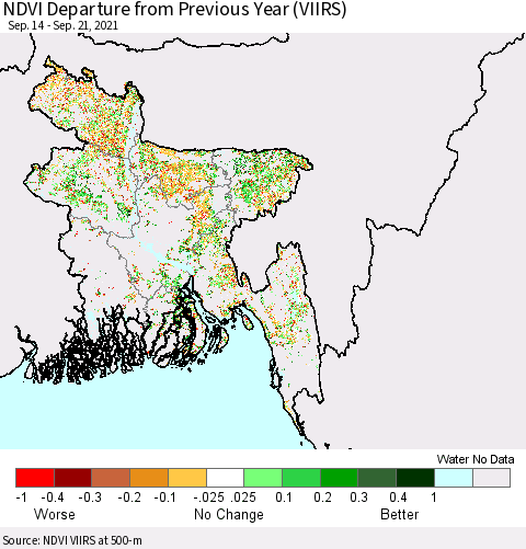 Bangladesh NDVI Departure from Previous Year (VIIRS) Thematic Map For 9/14/2021 - 9/21/2021