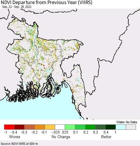 Bangladesh NDVI Departure from Previous Year (VIIRS) Thematic Map For 9/22/2021 - 9/29/2021