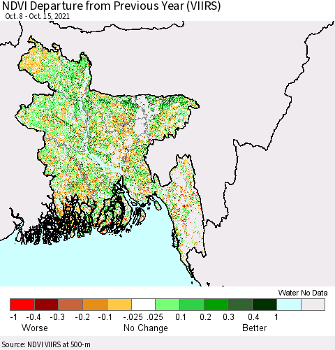 Bangladesh NDVI Departure from Previous Year (VIIRS) Thematic Map For 10/8/2021 - 10/15/2021