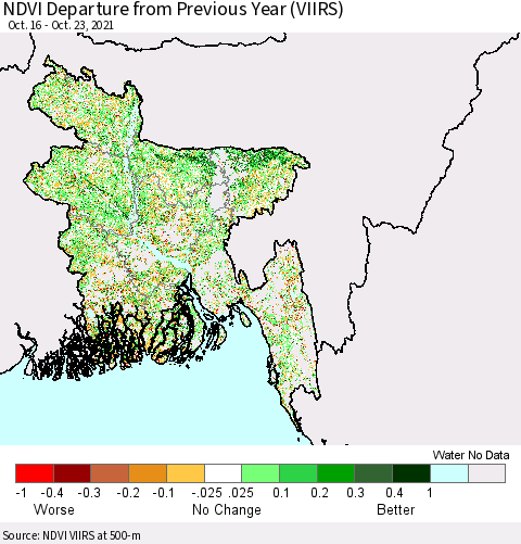 Bangladesh NDVI Departure from Previous Year (VIIRS) Thematic Map For 10/16/2021 - 10/23/2021