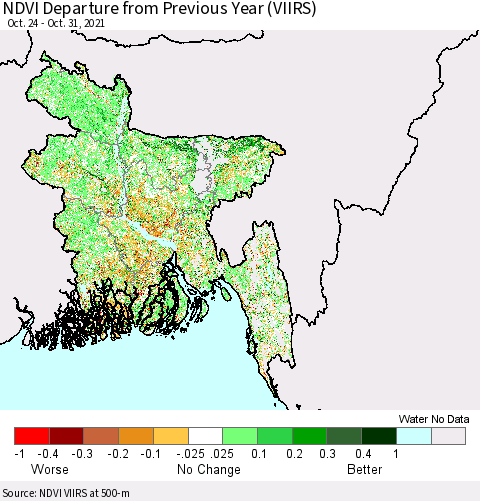 Bangladesh NDVI Departure from Previous Year (VIIRS) Thematic Map For 10/24/2021 - 10/31/2021